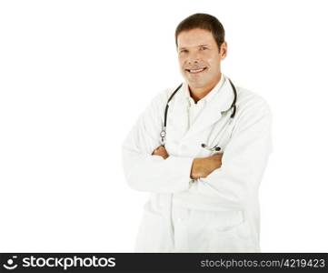 Handsome young doctor in his labcoat. Isolated with copyspace.