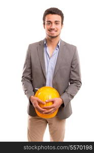 Handsome young engineer posing isolated over white background