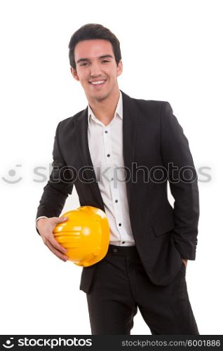 Handsome young engineer posing isolated over white background