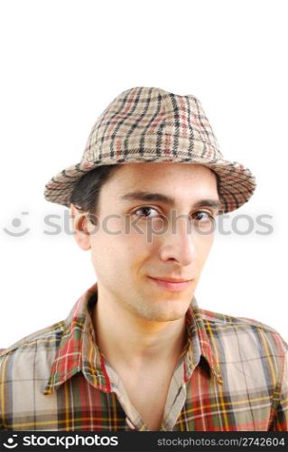 handsome young farmer from the countryside with checked hat (over white background)
