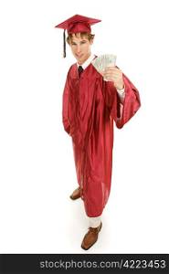 Handsome young graduate holding a hand full of cash. Full body isolated on white.