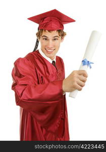 Handsome young graduate holding his diploma. Isolated on white.