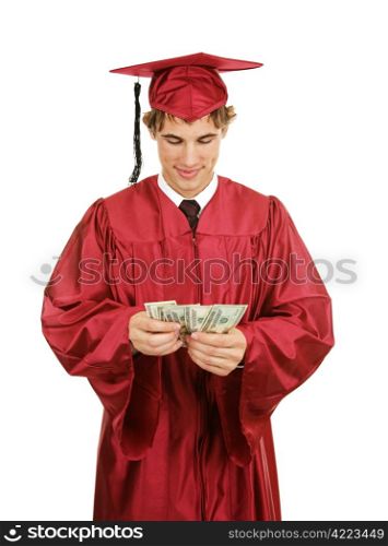 Handsome young graduate smiling and counting a stack of bills. Isolated on white.