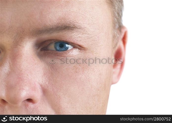 Handsome young man&acute;s face. Close up portrait on white background