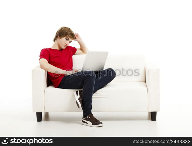 Handsome young man at home sitting on the couch and working on the laptop