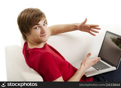 Handsome young man at home sitting on the couch and working on the laptop