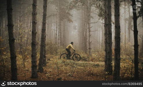 Handsome young man biking through autumn forest