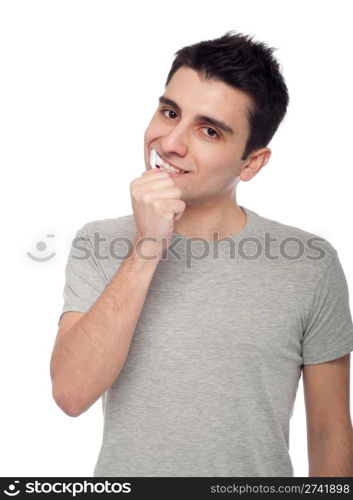 handsome young man brushing his teeth with toothbrush (isolated on white background)