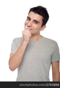 handsome young man brushing his teeth with toothbrush (isolated on white background)