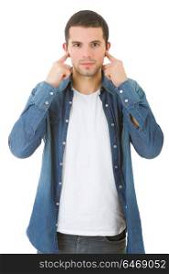 handsome young man covering his ears, isolated white background