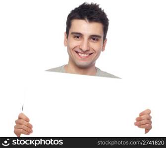 handsome young man displaying a banner ad isolated on white background