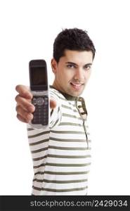 Handsome young man holding and showing a cell phone, isolated on white background