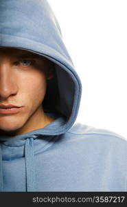 Handsome young man in a hood isolated on white background