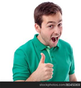Handsome young man in green shirt with thumbs up