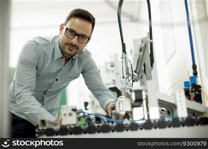 Handsome young man in the electronic workshop