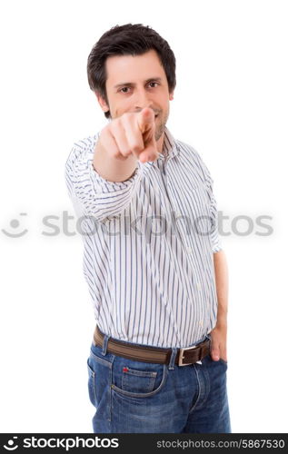 Handsome young man pointing at you, isolated over white background