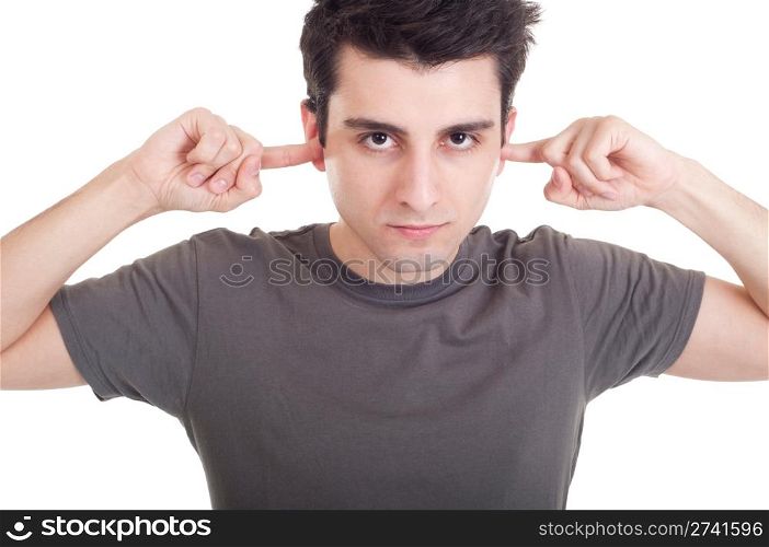 handsome young man portrait with fingers in ear not listening expression (isolated on white background)