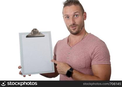 handsome young man showing a clipboard on the white background
