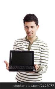 Handsome young man showing a presentation on a laptop, isolated on white.