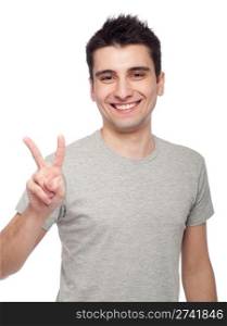 handsome young man showing victory fingers sign (isolated on white background)