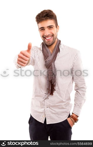 Handsome young man signaling ok, isolated over a white background