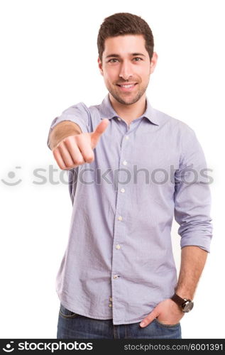 Handsome young man signaling ok, isolated over a white background