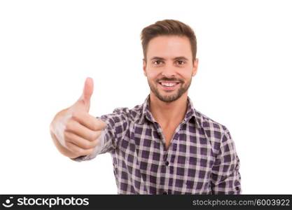 Handsome young man signaling ok, isolated over a white background