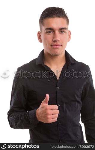 Handsome young man signaling ok, isolated over a white background