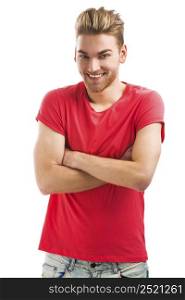 Handsome young man smiling and looking to the camera, isolated on white background