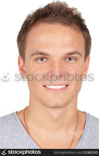 Handsome young man smiling. Isolated on white background. Studio shot.