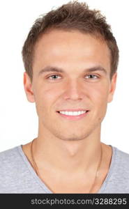 Handsome young man smiling. Isolated on white background. Studio shot.