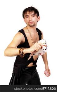 handsome young man throwing playing cards isolated on a white background