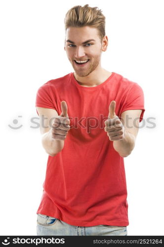 Handsome young man with thumbs up and smiling, isolated on white background