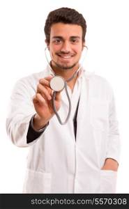 Handsome young medic holding a stethoscope, isolated over white