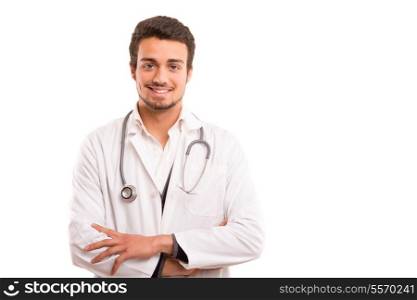 Handsome young medic posing isolated over a white background