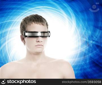 Handsomel cyber man over abstract blue background