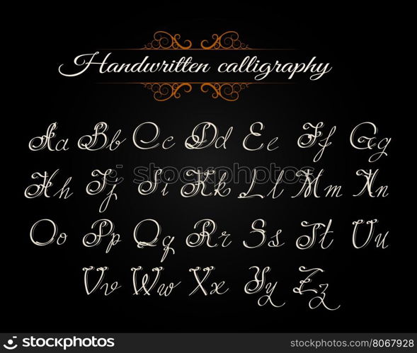 Handwritten calligraphy alphabet. Latin letters on black background. Vector Illustration.