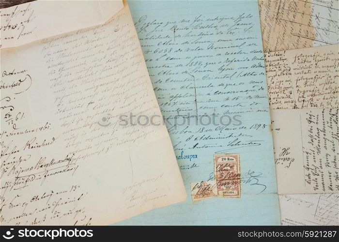 Handwritten letter. Set of handwritten antique letters close up