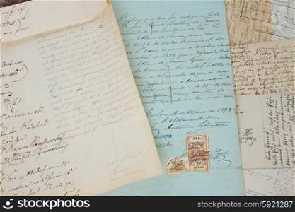 Handwritten letter. Set of handwritten antique letters close up