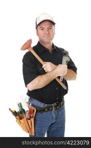 Handyman with his tools isolated on white.