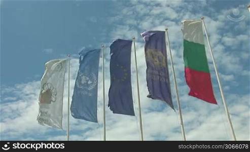 hang five flags, including: European Union flag, United Nations flag, Bulgaria flag