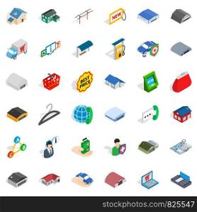Hangar icons set. Isometric style of 36 hangar vector icons for web isolated on white background. Hangar icons set, isometric style