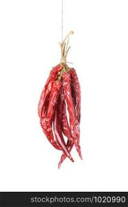 Hanged dry and sear hot red chili peppers isolated on white background