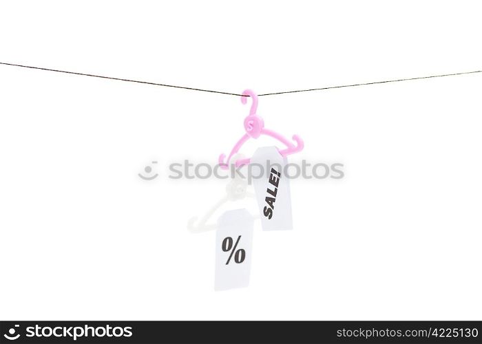 hanger with a price tag sale hanging on a rope isolated on white