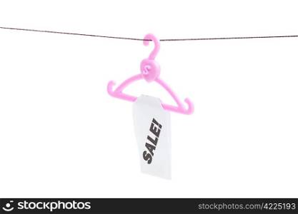 hanger with a price tag sale hanging on a rope isolated on white