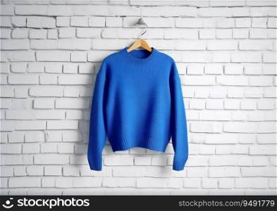 Hanger with blue stylish sweater on white brick wall