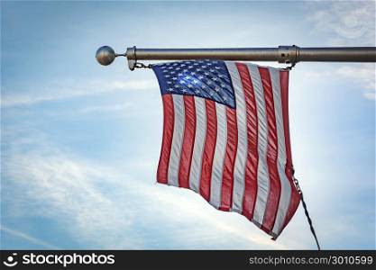 hanging american flag with steel wires. patriotic concept,