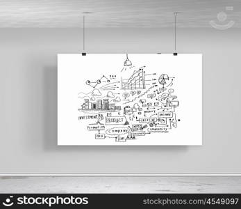 Hanging banner. White banner with business plan hanging on wall