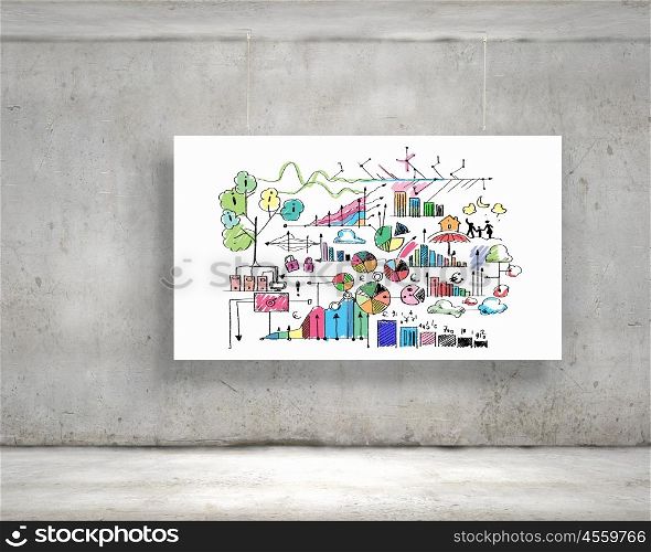 Hanging banner. White banner with business plan hanging on wall