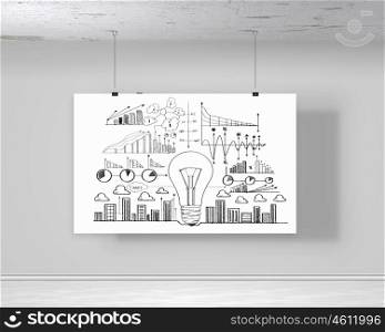 Hanging banner. White banner with business plan hanging on wall